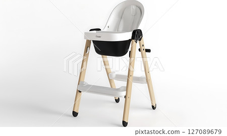 A white and black high chair with wooden legs 127089679
