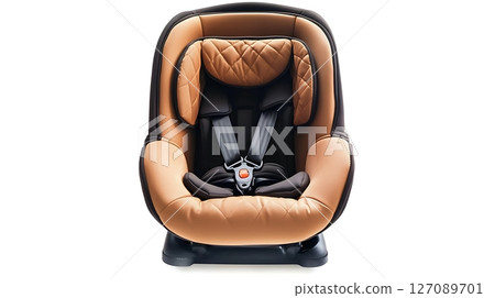 A brown leather car seat with a red button 127089701