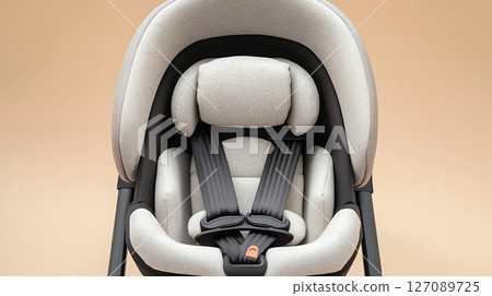 A baby car seat with a black strap and a white strap 127089725