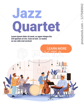 Jazz quartet band performing music together in cozy modern room with instruments plants bookshelves warm lighting website banner 127089842