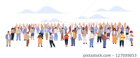 Diverse crowd people standing together community gathering outdoor group conversation casual clothing flat design 127089853