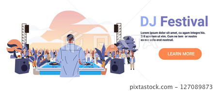 DJ festival outdoor music event crowd dancing DJ performing on stage with turntables large speakers sunset background modern flat website banner template 127089873