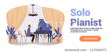 Solo pianist grand piano performance elegant room indoor concert plants chandelier curtains modern website banner 127089875