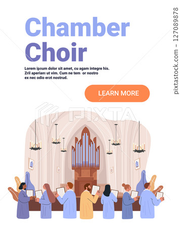 Chamber choir singing in church interior with organ chandeliers music sheets diverse singers architecture website banner Chamber choir singing in church interior with organ chandeliers music sheets diverse singers architecture website banner 127089878