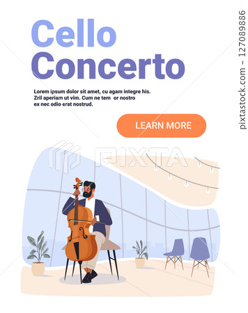 Cello player performing concert modern interior audience chairs plants large windows flat design landing page Cello player performing concert modern interior audience chairs plants large windows flat design landing page 127089886