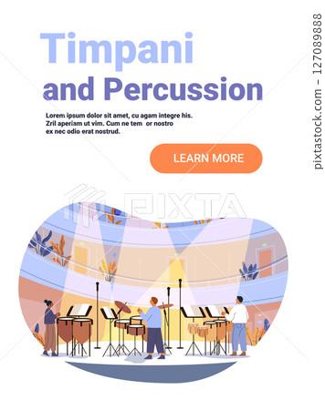 Timpani percussion musicians performing on stage concert hall spotlight audience modern music event colorful background website banner 127089888