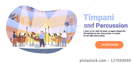 Timpani percussion musicians performing on stage concert hall spotlight audience modern orchestra instruments colorful background website banner 127089889