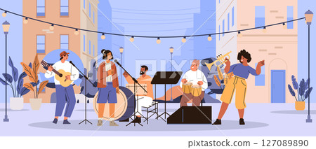 Street band music performance outdoor concert musicians playing instruments urban cityscape background plants string lights modern flat banner 127089890