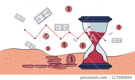 Economic recession financial crisis hourglass declining graph coins bills money loss concept sand background modern banner Economic recession financial crisis hourglass declining graph coins bills money loss concept sand background modern banner 127089894