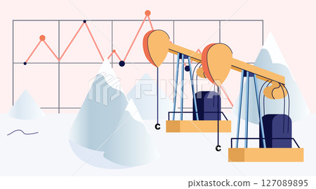 Oil industry crisis falling prices economic recession concept oil pump jacks mountains background declining graph chart pastel colors modern web banner 127089895
