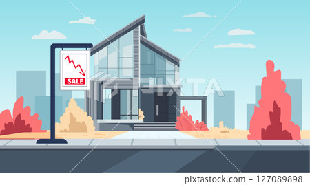 Modern house real estate price drop crisis residential property with declining graph sign autumn cityscape background website banner Modern house real estate price drop crisis residential property with declining graph sign autumn cityscape background website banner 127089898