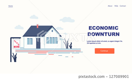 Economic downturn house for sale crisis concept residential property with declining graph sign blue modern home clouds minimal website landing page 127089901