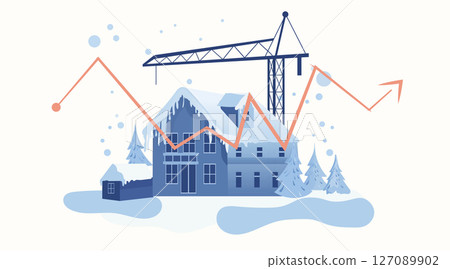 Real estate crisis recession falling housing market graph snowy house construction crane winter landscape economic downturn blue palette banner 127089902