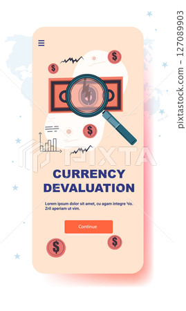 Currency devaluation economic crisis magnifying glass dollar bill falling chart financial downturn mobile app screen template Currency devaluation economic crisis magnifying glass dollar bill falling chart financial downturn mobile app screen template 127089903