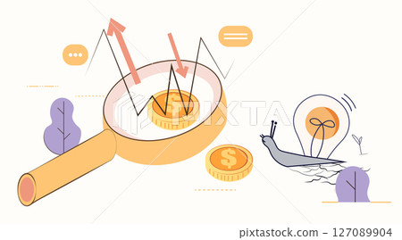 Magnifying glass coin graph arrows snail lightbulb financial crisis recession downturn slow growth concept abstract background website banner Magnifying glass coin graph arrows snail lightbulb financial crisis recession downturn slow growth concept abstract background website banner 127089904