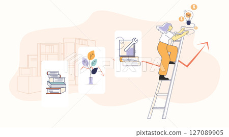 Woman climbing ladder reaching lightbulb money growth crisis overcoming financial downturn education business icons abstract background Woman climbing ladder reaching lightbulb money growth crisis overcoming financial downturn education business icons abstract background 127089905