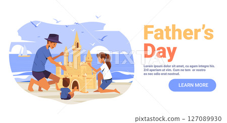 Father and children building sandcastle beach family holiday summer seascape birds sailboat playful scene website banner Father and children building sandcastle beach family holiday summer seascape birds sailboat playful scene website banner 127089930