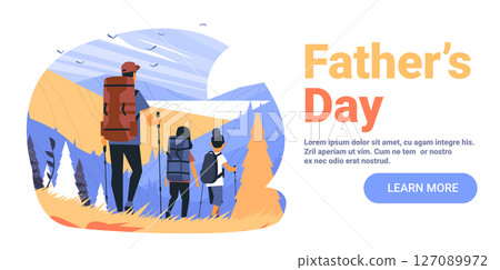 Father and children hiking mountain landscape outdoor adventure family bonding colorful nature scene backpackers abstract background web banner 127089972