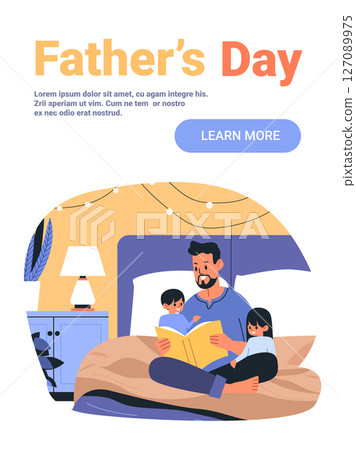 Father reading bedtime story to children family bonding cozy bedroom warm colors lamp nightstand plants website banner 127089975