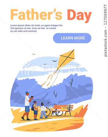 Father and children flying kite park outdoor activity family leisure bicycle bench trees nature landscape website banner Father and children flying kite park outdoor activity family leisure bicycle bench trees nature landscape website banner 127089977