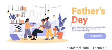Fathers Day family celebration gift giving living room scene with cheerful people plants modern decor cozy home interior website banner Fathers Day family celebration gift giving living room scene with cheerful people plants modern decor cozy home interior website banner 127089980