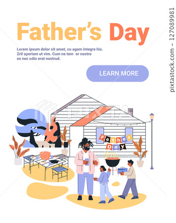 Fathers Day family celebration backyard barbecue children giving gifts outdoor party house decorations festive scene 127089981