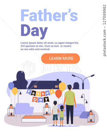 Fathers Day celebration family backyard balloons children father festive outdoor scene sofa lanterns modern flat website banner 127089982