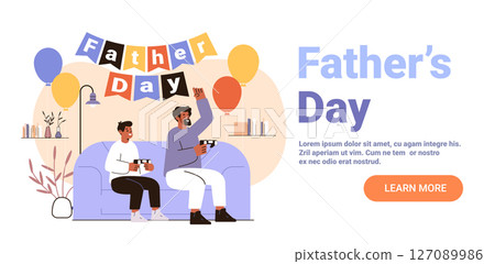 Father and son playing video games together celebrating holiday with balloons festive home decor sofa living room interior website banner Father and son playing video games together celebrating holiday with balloons festive home decor sofa living room interior website banner 127089986