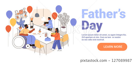 Father's day family celebration gifts balloons kitchen table coffee diverse people home interior web banner Father's day family celebration gifts balloons kitchen table coffee diverse people home interior web banner 127089987