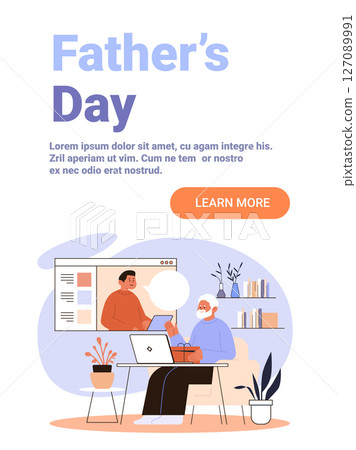 Father and son video call family celebration living room gift laptop plants modern home interior pastel colors website banner Father and son video call family celebration living room gift laptop plants modern home interior pastel colors website banner 127089991
