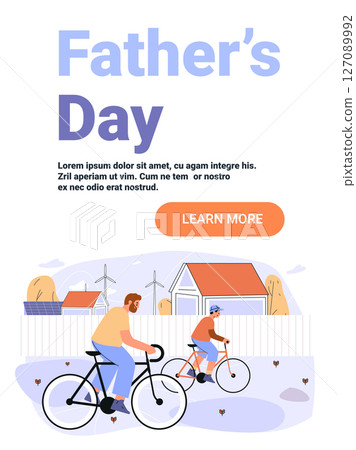 Fathers Day family cycling outdoor activity dad son riding bicycles countryside landscape wind turbines houses modern flat website banner 127089992