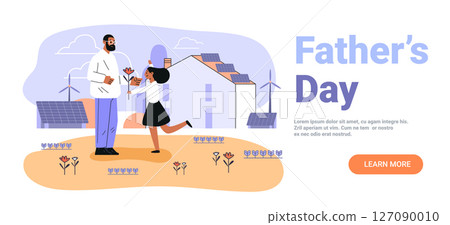 Father and daughter celebrating Father's Day outdoors modern eco houses solar panels wind turbines flowers flat web banner 127090010