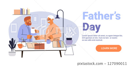 Father and son celebrating Father's Day together sharing coffee gifts books cozy home interior modern flat design web banner 127090011