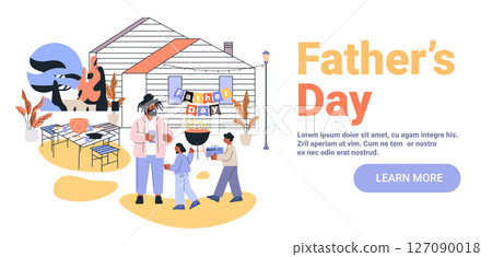 Fathers Day family backyard barbecue celebration dad children house outdoor gift giving festive table plants modern flat website banner Fathers Day family backyard barbecue celebration dad children house outdoor gift giving festive table plants modern flat website banner 127090018