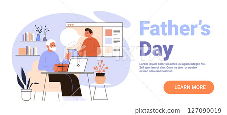 Father and son video call celebration gift exchange cozy living room plants laptop modern interior website banner 127090019