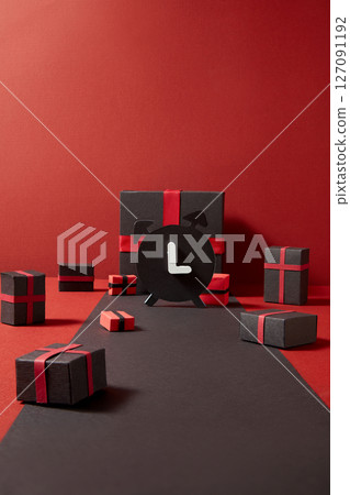 The gift boxes are arranged in the center, stylized with minute and hour hands, like a shopping journey or treasure hunt leading to attractive sales rewards. 127091192