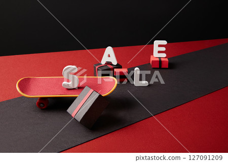 The skateboard and SALE text are stylized in a layout that is suitable for web advertising, with vibrant color blocks and creative flat paper crafting. A shopping message during the big sale season 127091209
