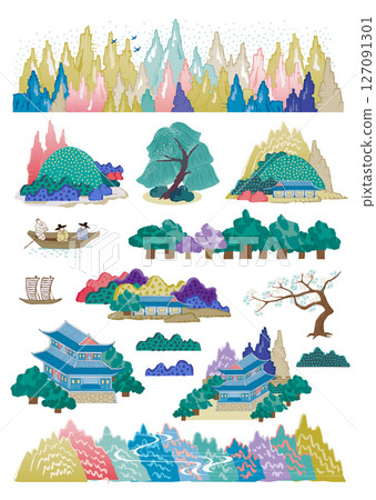 Modern Korean Mountain and River Landscape, Template design for stickers and icons. 127091301