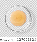 Glass Petri dish with Centella serum orange drop isolated realistic vector illustration 127091328