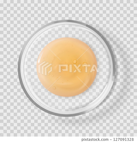 Glass Petri dish with Centella serum orange drop isolated realistic vector illustration 127091328