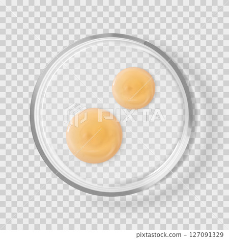 Glass Petri dish with shampoo drops isolated realistic vector illustration 127091329