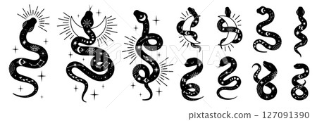 Mystical Snake Vector Set. Magic Snakes with Moon, Stars and Esoteric Symbols. Spiritual Boho and Occult Design Elements 127091390