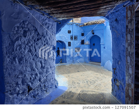 Painted blue streets, steps, doors, houses of Chefchaouen, Morocco 127091507