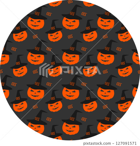 Freehand Halloween Pumpkin in witch hat and decorative elements Seamless Pattern in Circle Backdrop 127091571