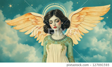 Vintage postcard illustration with beautiful angel girl on starry night sky Vintage postcard illustration with beautiful angel girl on starry night sky 127091593
