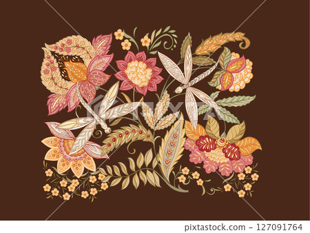 Fantasy flowers in retro, vintage, jacobean embroidery style Fantasy flowers in retro, vintage, jacobean embroidery style 127091764