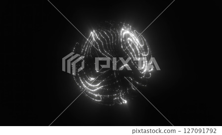 A white glowing sphere composed of swirling points of light, appearing as a digital construct in deep space 127091792