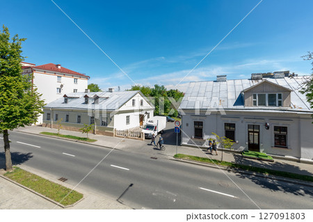 Street View with Historical Low-Rise Buildings and Blue Sky 127091803