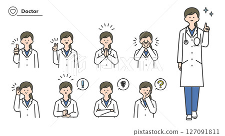 一個穿著白大褂的女人,一組面部表情和姿勢 一個穿著白大褂的女人,一組面部表情和姿勢 127091811