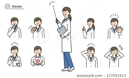 A woman in a white coat, a set of facial expressions and poses A woman in a white coat, a set of facial expressions and poses 127091813